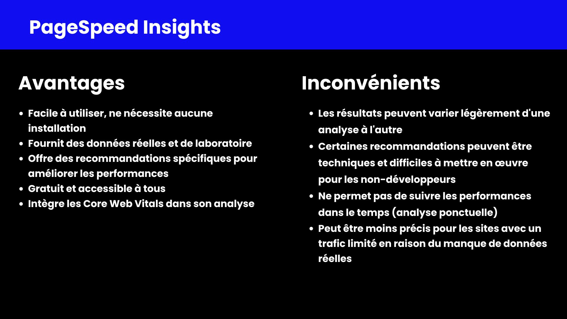 Avantages et inconvéninents PageSpeed Insight